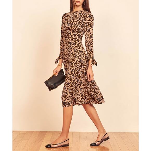 Reformation Port Dress Leopard Animal Print Tie Sleeve Modest Crepe Midi SZ 6 - Picture 1 of 8
